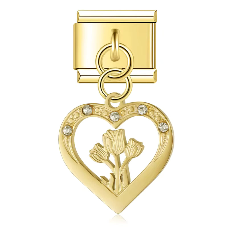 Charm Pendant Coração e Rosas Gold - Blisca®